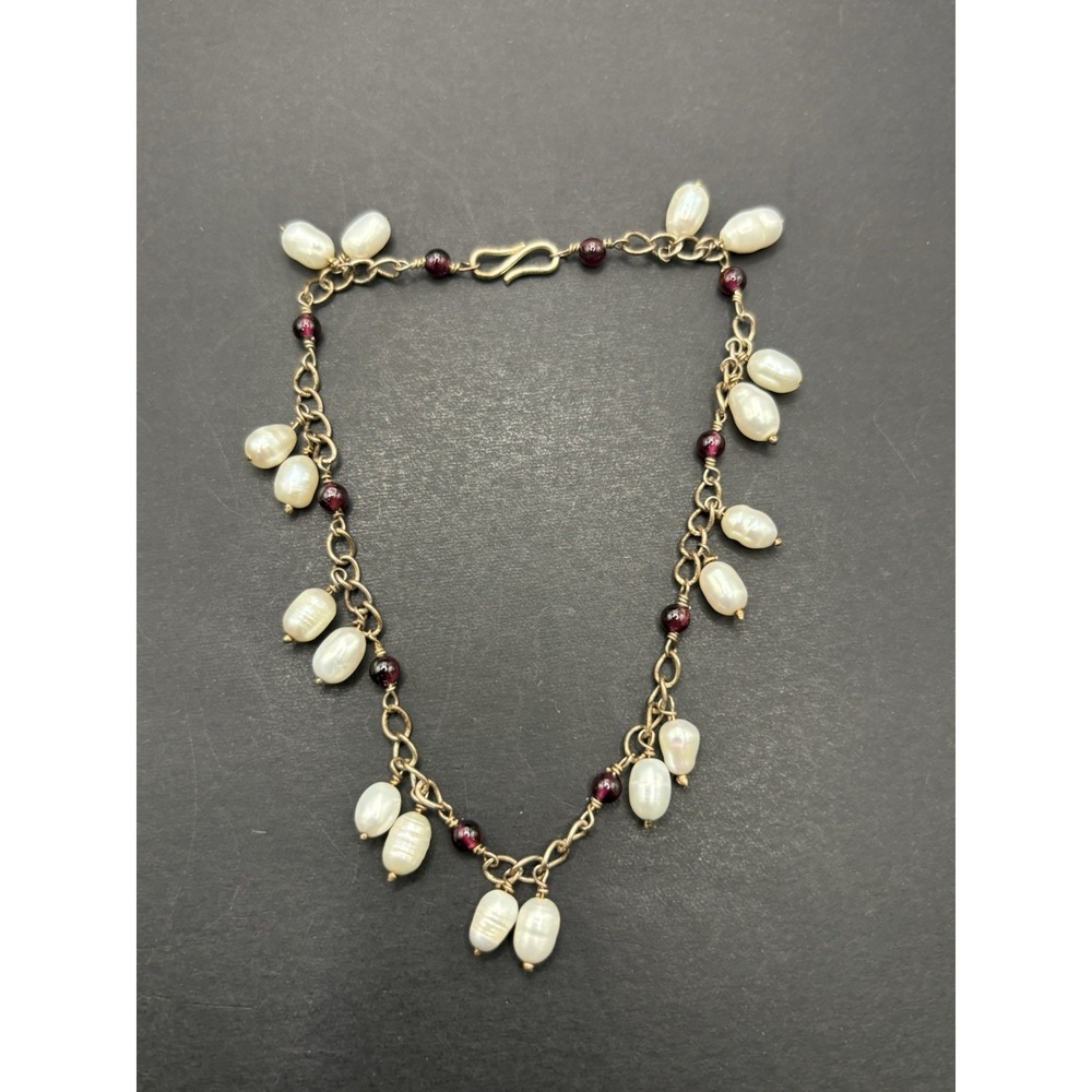 9" Vintage Sterling Silver Pearl Garnet Anklet Bracelet 10 Grams H5